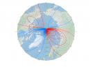 This map shows the location of the north magnetic pole (white star) and the magnetic declination (contour interval = 2°) at the start of 2019. [Photo courtesy of NOAA NCEI/CIRES]